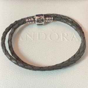 Pandora Sterling Grey Leather Double Bracelet 13.5